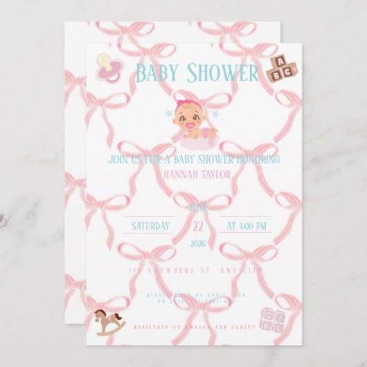 Pink Bow Baby Shower Invitation Customizable 招待状 (正面/裏面)