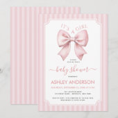 Pink Bow Baby Shower It's a Girl Coquette Stripes 招待状 (正面/裏面)