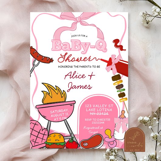 Pink Bow Backyard BabyQ Baby Shower 招待状