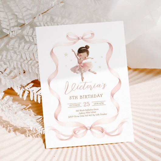 Pink Bow Ballerina Tutu Cute Girl Birthday 招待状