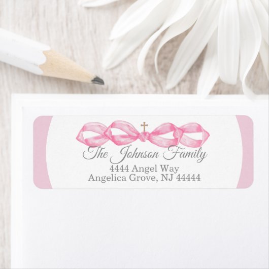 Pink Bow Baptism Envelope Return Address Label ラベル (インサイチュ)
