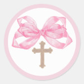 Pink Bow Baptism Envelope Seal Sticker Cross Round ラウンドシール (正面)