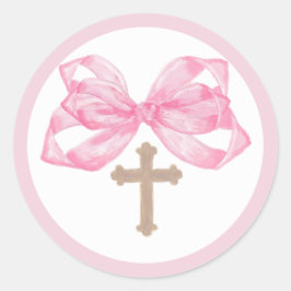 Pink Bow Baptism Envelope Seal Sticker Cross Round ラウンドシール