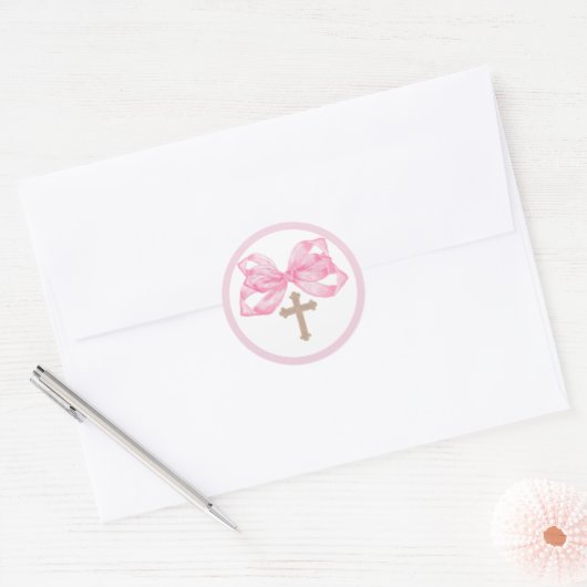 Pink Bow Baptism Envelope Seal Sticker Cross Round ラウンドシール (封筒)