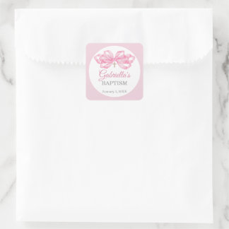 Pink Bow Baptism Favor Sticker Custom Watercolor スクエアシール