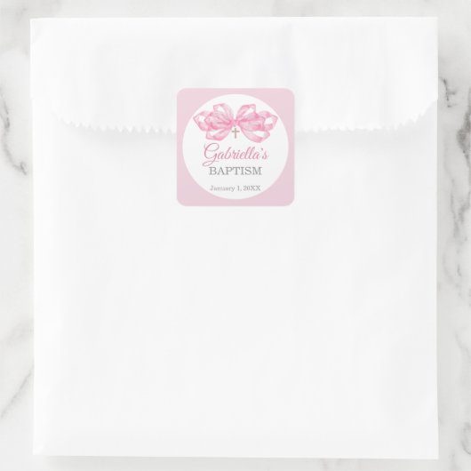 Pink Bow Baptism Favor Sticker Custom Watercolor スクエアシール (バッグ)