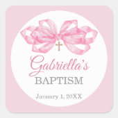 Pink Bow Baptism Favor Sticker Custom Watercolor スクエアシール (正面)