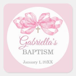 Pink Bow Baptism Favor Sticker Custom Watercolor スクエアシール