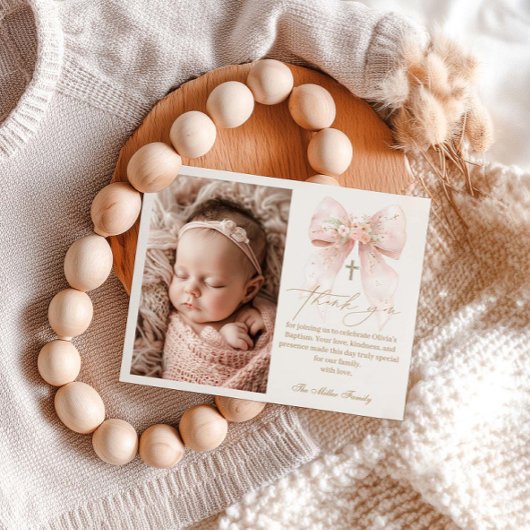 Pink Bow Baptism Flat Thank You Card サンキューカード