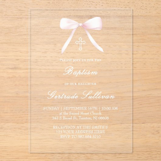 pink bow Baptism girl アクリル招待状 (正面)