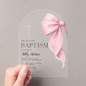 Pink Bow Baptism Girl Acrylic Invitations アクリル招待状 (インサイチュ (ポータブル))