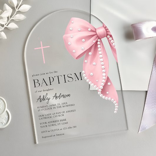 Pink Bow Baptism Girl Acrylic Invitations アクリル招待状