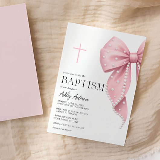 Pink Bow Baptism Girl Invitation 招待状