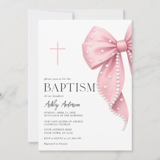 Pink Bow Baptism Girl Invitation 招待状 (正面)