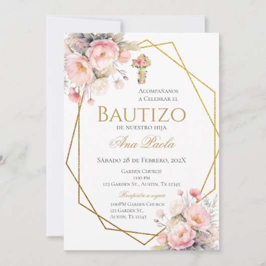 Pink Bow Baptism Spanish 招待状 (正面)