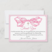 Pink Bow Baptism Thank You Card Watercolor Cross (正面)