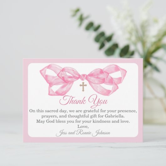 Pink Bow Baptism Thank You Card Watercolor Cross (スタンド正面)