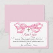 Pink Bow Baptism Thank You Card Watercolor Cross (正面/裏面)