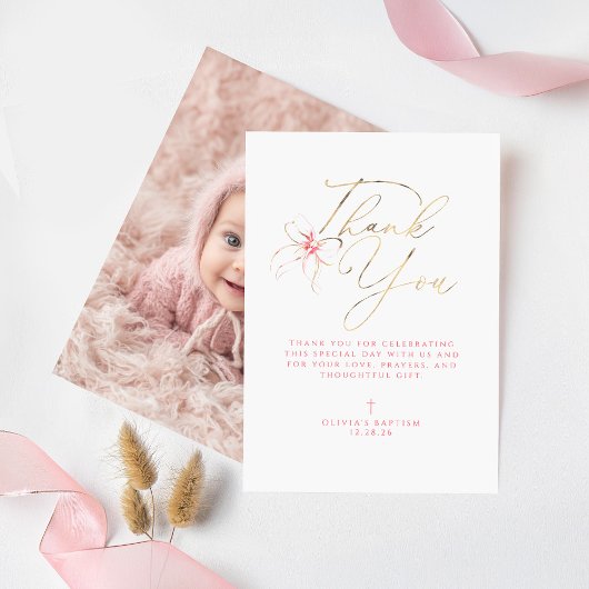 Pink Bow Baptism Thank You Photo Card サンキューカード