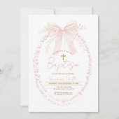 Pink Bow Baptism Watercolor Girl Christening 招待状 (正面)