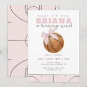 Pink Bow Basketball Birthday Girls Sports 招待状 (正面/裏面)