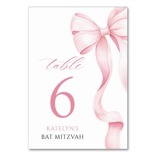 Pink Bow Bat Mitzvah Table Number Card テーブルナンバー (正面)