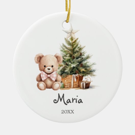 Pink Bow Bear Trees Baby’s First Christmas セラミックオーナメント (正面)