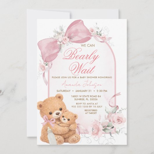 Pink bow Bearly Wait Baby Shower Invitation 招待状 (正面)