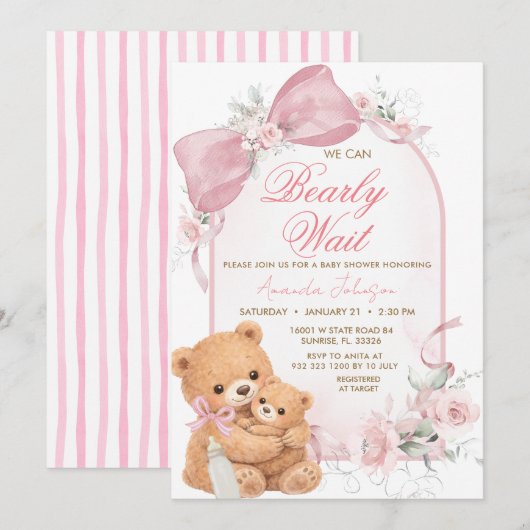 Pink bow Bearly Wait Baby Shower Invitation 招待状 (正面/裏面)