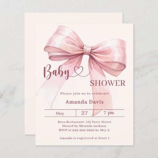 Pink bow beige girl Baby Shower invitation (正面/裏面)
