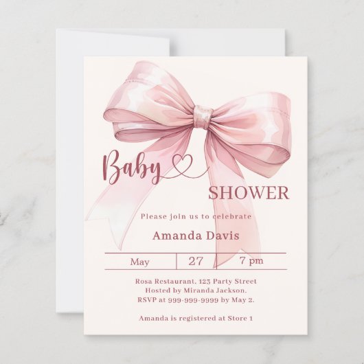 Pink bow beige girl Baby Shower invitation (正面)