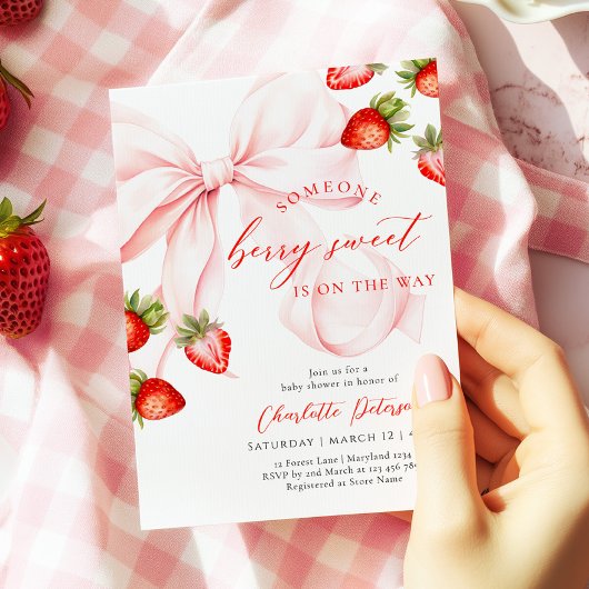 Pink Bow Berry Sweet Baby Shower Invitation 招待状