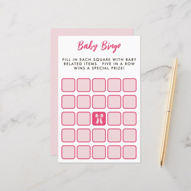 Pink Bow Bingo Baby Shower Game (正面/裏面インサイチュ)