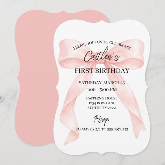 Pink Bow Birthday 招待状 (正面/裏面)