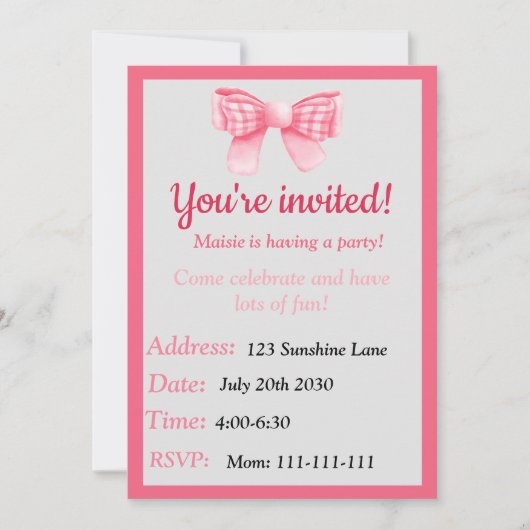 Pink Bow Birthday Invitation 招待状 (正面)