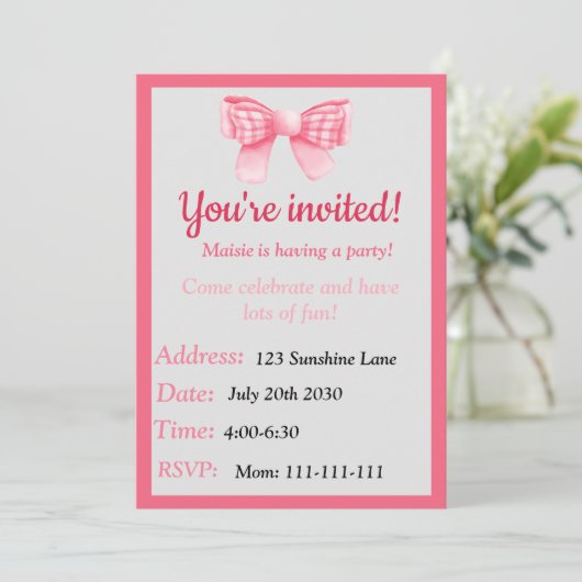 Pink Bow Birthday Invitation 招待状 (スタンド正面)