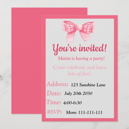 Pink Bow Birthday Invitation 招待状 (正面/裏面)
