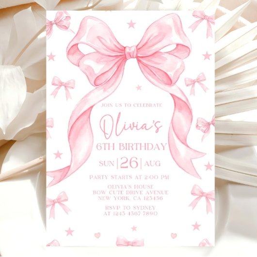 Pink Bow Birthday Invitation, Girl Pink Birthday  招待状