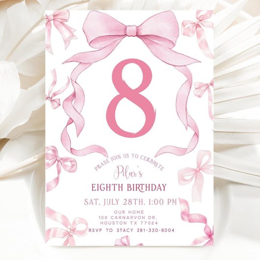 Pink Bow Birthday Invite, Girls 8th Birthday Invit 招待状
