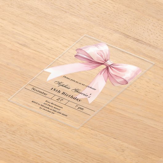 Pink bow birthday luxury clear アクリル招待状 (レイダウン)