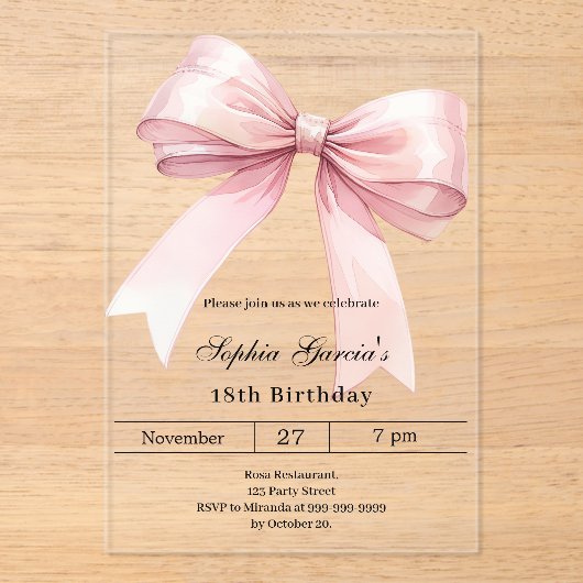 Pink bow birthday luxury clear アクリル招待状 (正面)