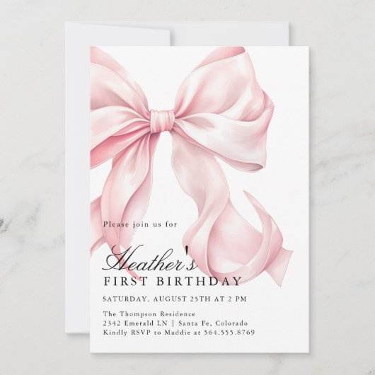 Pink Bow Birthday Party Coquette Bow 招待状 (正面)