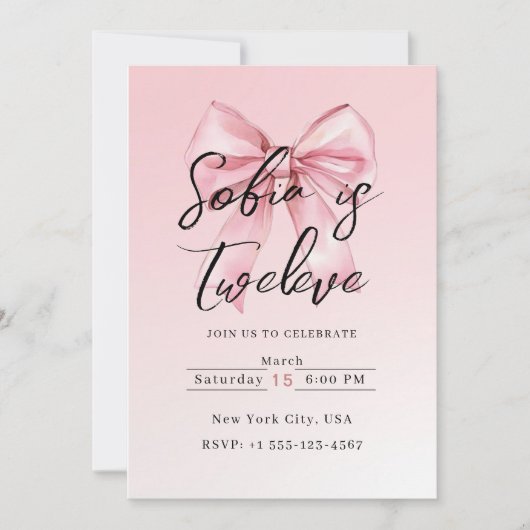 🎀 Pink Bow Birthday Party Invitation Cards 招待状 (正面)