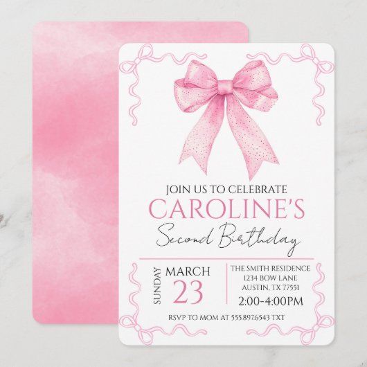 Pink Bow Birthday Watercolor 招待状 (正面/裏面)