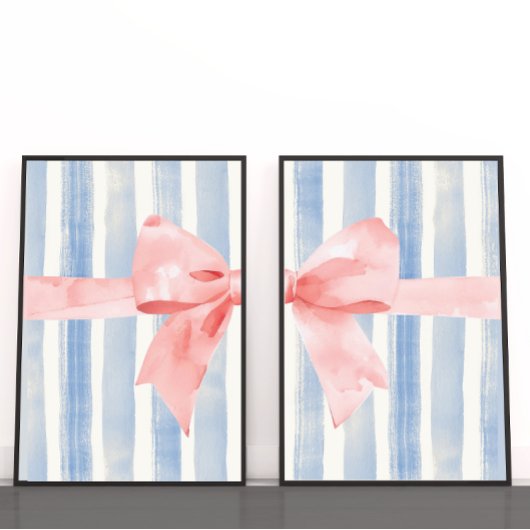 Pink Bow Blue Watercolor Stripes, Girly Aesthetic