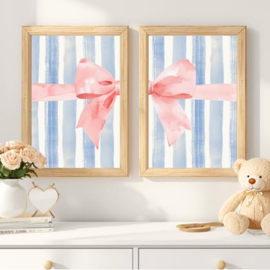 Pink Bow Blue Watercolor Stripes, Girly Aesthetic