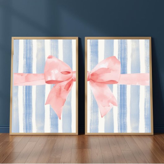 Pink Bow Blue Watercolor Stripes, Girly Aesthetic