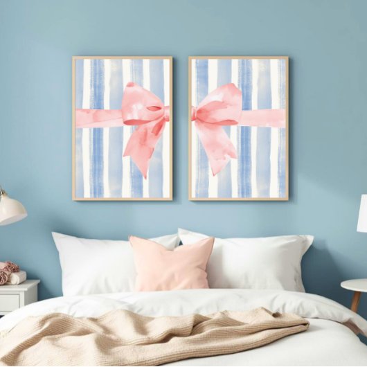 Pink Bow Blue Watercolor Stripes, Girly Aesthetic