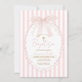 Pink Bow Blush Cross Stripes Baptism Invitation 招待状 (正面)