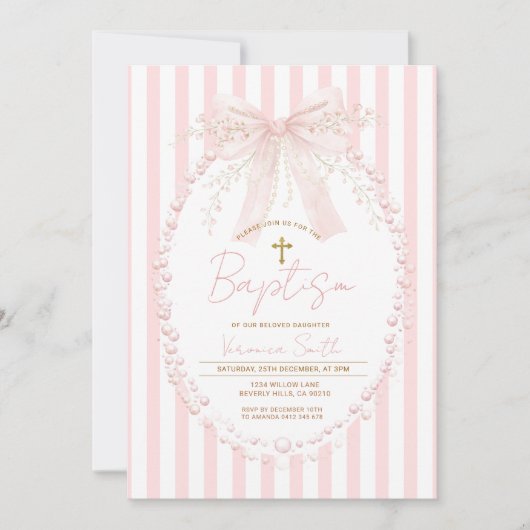 Pink Bow Blush Cross Stripes Baptism Invitation 招待状 (正面)